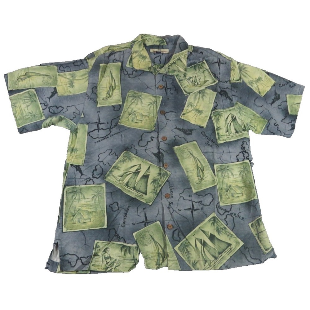 Tommy Bahama VTG Y2K Shirt Men M Silk Gray Green Map Sailboat Pinup Camp Button